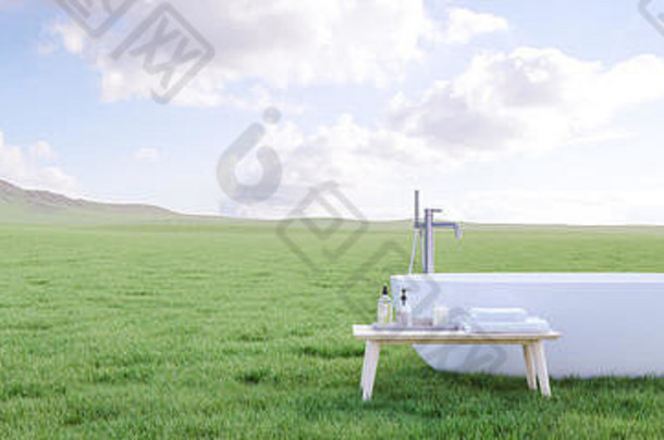 浴缸立在美丽的草地上。三维渲染