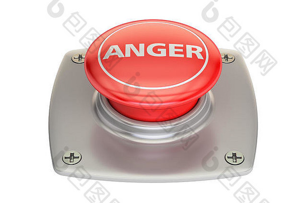 愤怒红色按钮，在白色背景上隔离3D渲染