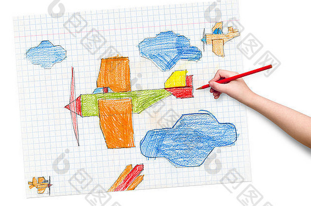 格子纸上的<strong>飞机</strong>。孩子们用蜡笔画手。
