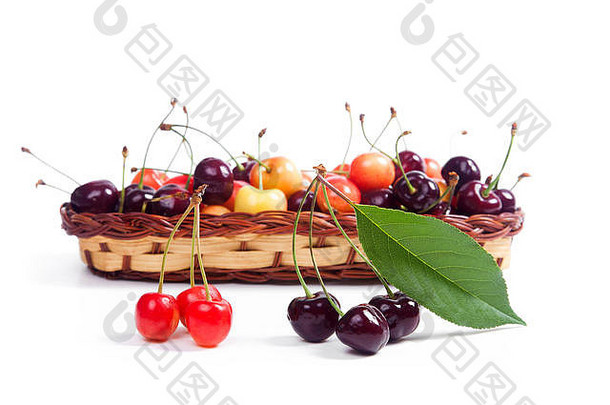 篮子里有成熟的黄色和红色甜樱桃浆果和几种红色果实，白色背景上有樱桃树的绿色叶子