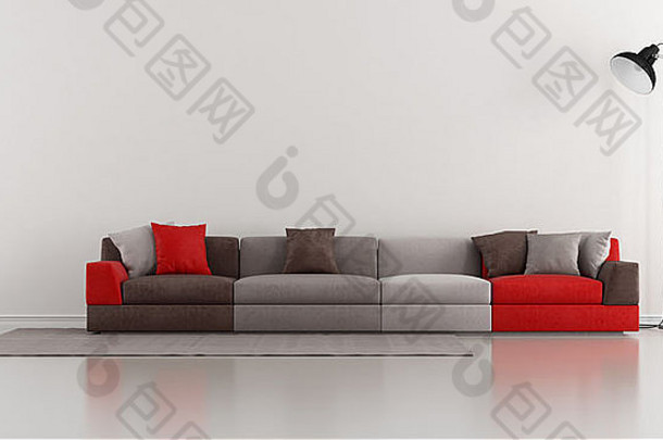极简主义休息室，配有彩色现代沙发和落地灯-效果图