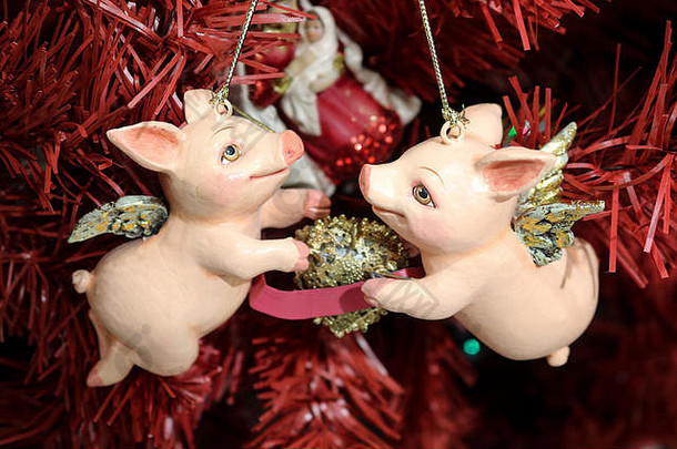 丘比特的圣诞小猪，长着金色的翅膀，在红色的圣诞树上，它们之间夹着金色的心
