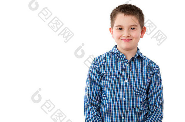 肖像可爱的一年男孩淘气的甜蜜的微笑站白色背景复制空间