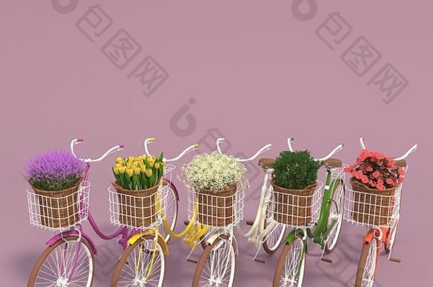 集复古的自行车五彩缤纷的花篮子站行紫色的背景复制空间渲染