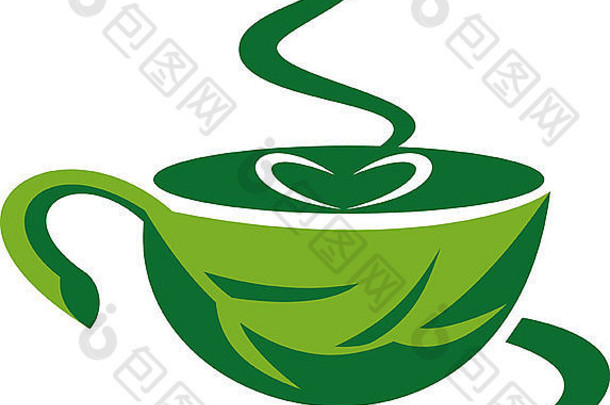 热气腾腾的咖啡杯使绿色叶心