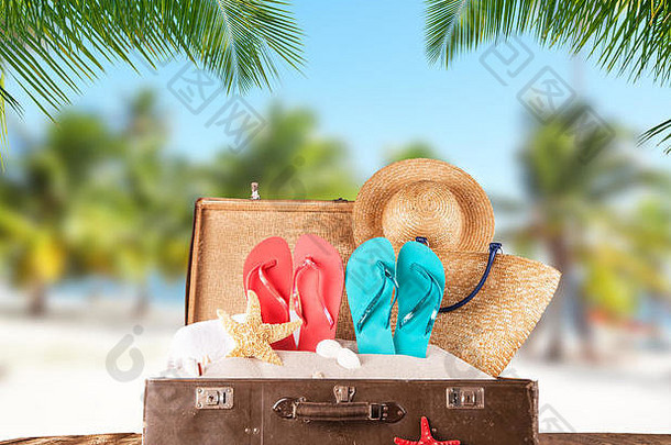 热带海滩上的旧手提箱，背景为棕榈叶，旅行理念