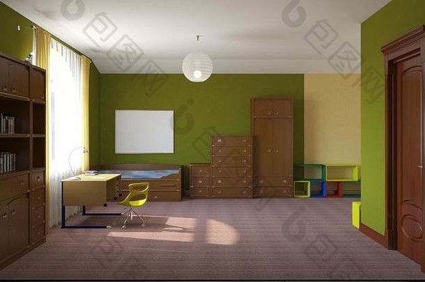 儿童房，儿童房，室内可视化，3D插图