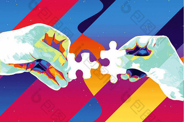 手谜题块摘要背景现代插图团队合作伙伴关系的关系连接合作业务