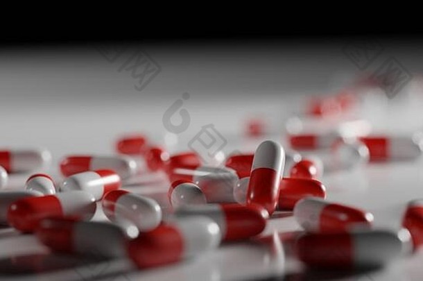 白色背景上的红色和白色药丸。处方药成瘾概念，制药行业。数字3D渲染。