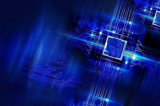 纳米技术-器和电路板。冷蓝色发光激光蓝色元素技术背景。量子技术。