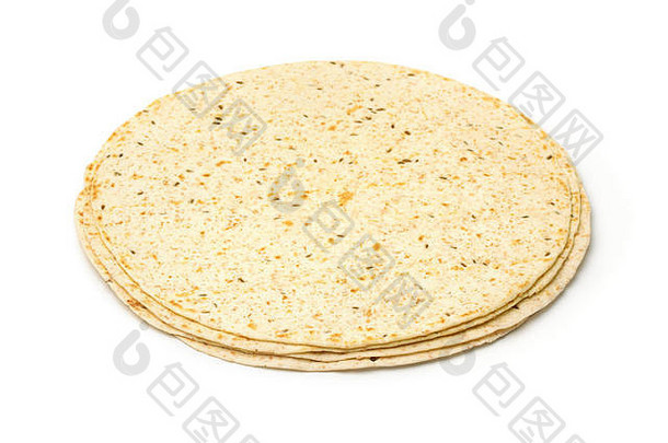 堆栈杂粮玉米粉圆饼麸皮亚麻种子孤立的白色