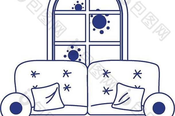 新冠病毒19型，呆在家里的沙发和窗户，分离的图标载体插图