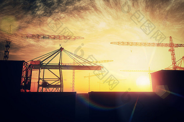 日落日出3D艺术品中工业区的巨型建筑起重机