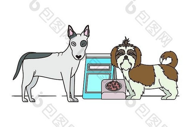 白色背景上有碗和宠物食品的狗