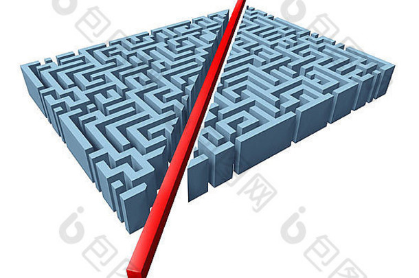 用一个红色箭头穿过复杂的迷宫，作为一条捷径，用创新的简单解决方案和孤立于白色的策略来解决问题。