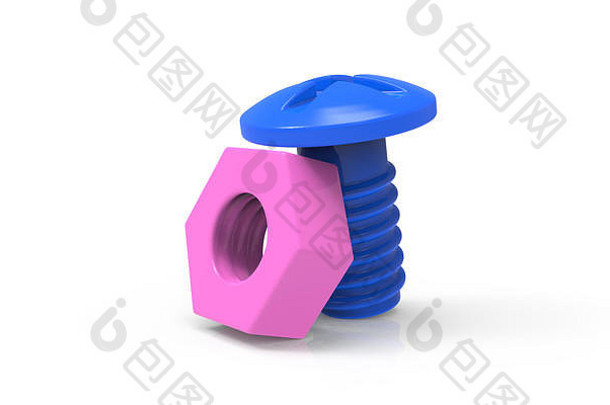 塑料玩具蓝色螺丝和粉红色螺母对。男女关系象征。三维渲染插图