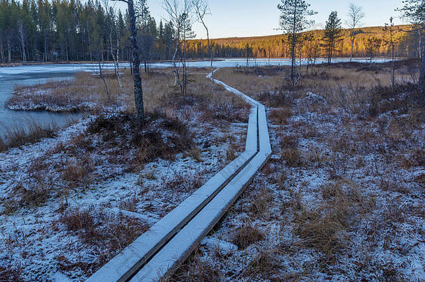 积雪覆盖的木板小道穿过一个泥沼，通向一个结冰的湖泊，阳光照射在背景中的一座山上，图片来自瑞典北部。