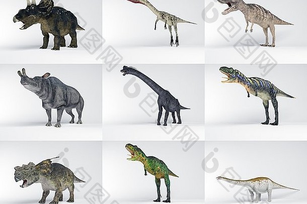 在<strong>一张图</strong>片中展示了多种不同种类和颜色的恐龙的3D集合