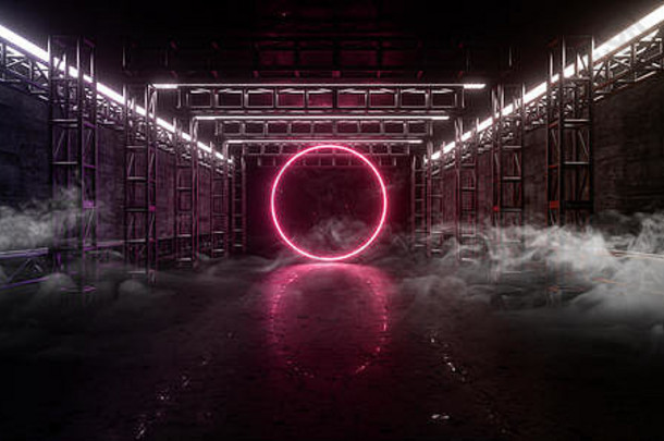 阶段建设隧道混凝土金属走廊sci未来主义的圆形状的霓虹灯发光的红色的光烟雾蒸汽背景呈现插图