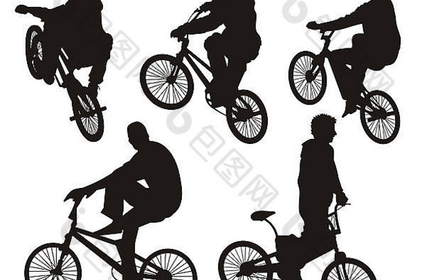 五个自行车骑手的剪影孤立在白色上