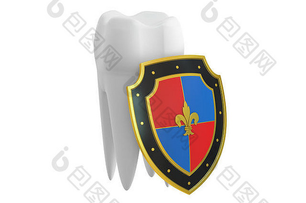 牙齿保护概念，带护罩，在白色背景上隔离3D渲染