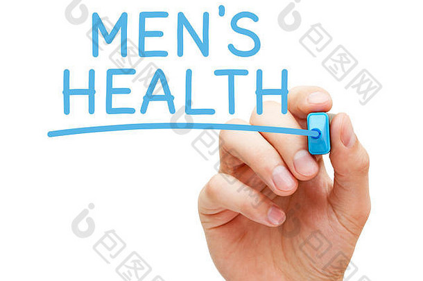 手写作男人的健康蓝色的标记透明的擦董事会孤立的白色背景