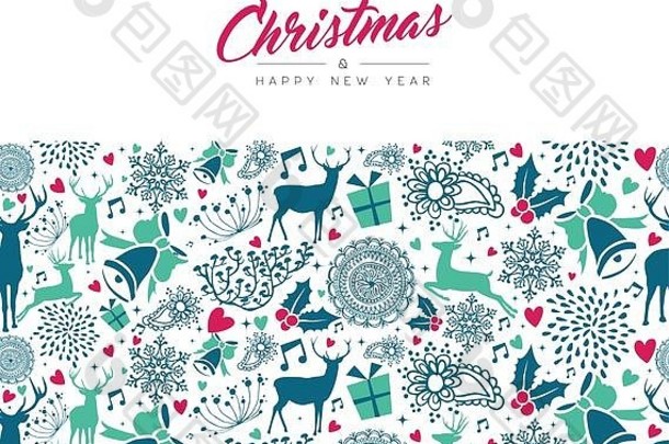 “圣诞快乐，新年快乐”复古卡，鹿纹无缝背景。圣诞节驯鹿装饰节日色彩图标。EPS10载体。