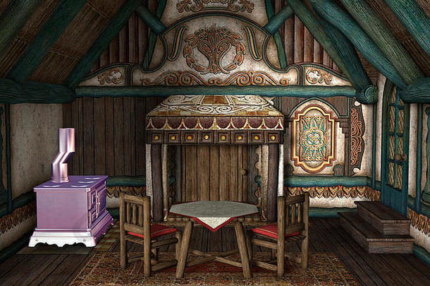 童话小屋内部的3D渲染