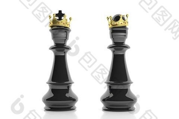 黑色国际象棋国王和王后，白色背景上有金色的王冠。三维插图