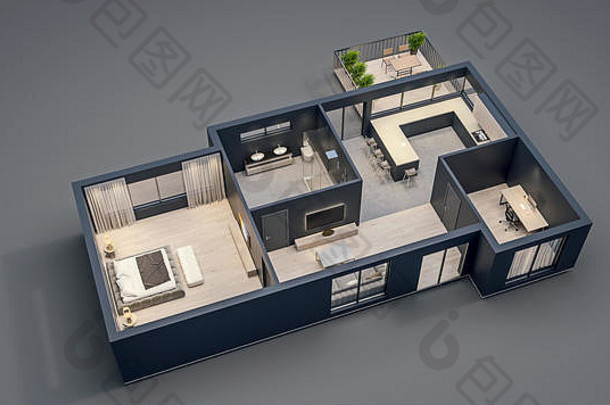 现代室内设计孤立的地板上计划黑色的墙蓝图公寓房子家具等角的角度来看视图呈现