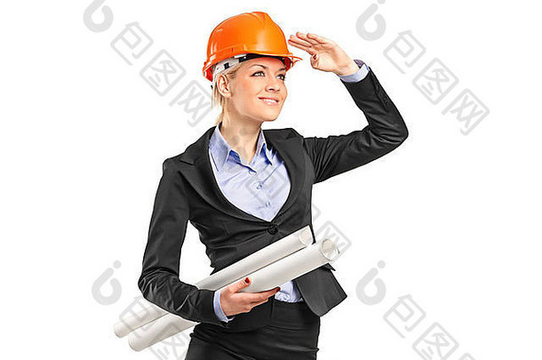 女建设工人穿头盔持有蓝图