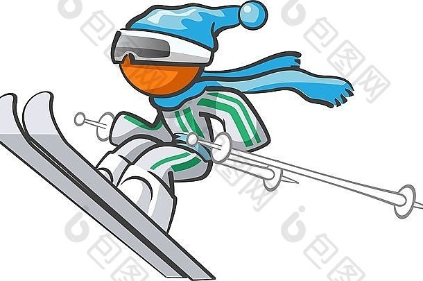 橙色男子滑雪和跳高到空中。