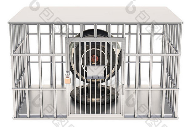 电脑鼠标在笼子里，牢房里。隔离在白色背景上的三维渲染