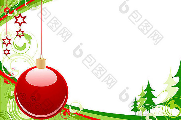 圣诞背景，<strong>红色</strong>小球，绿色冷杉和装饰品