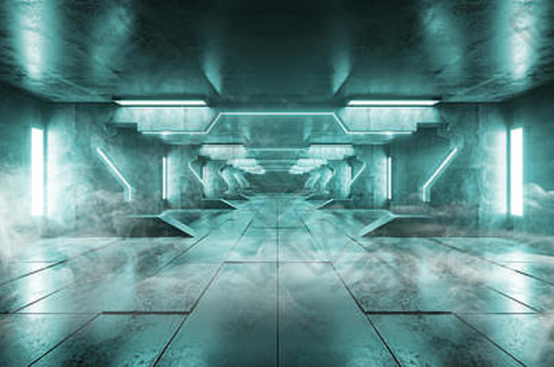 烟冰蓝色的未来主义的三角形外星人宇宙飞船霓虹灯发光的黑暗长大大厅走廊隧道难看的东西混凝土反光平铺的地板上盖茨空