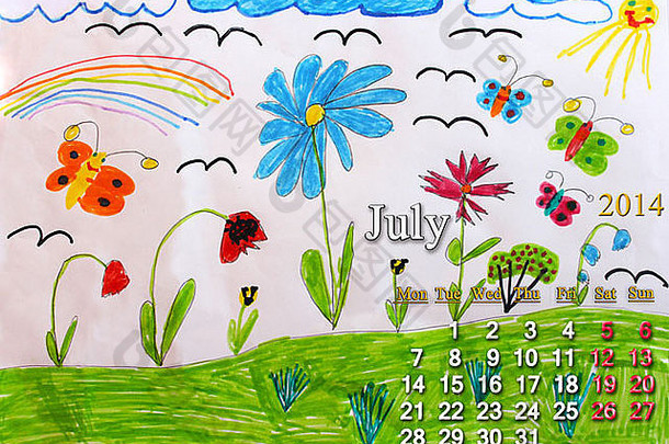 2014年7月儿童绘画背景日历
