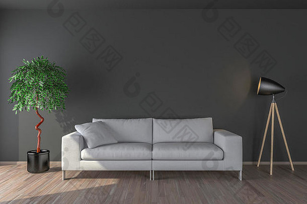 空墙、沙发、灯具和室内植物。把你的作品放在这个空白区域。