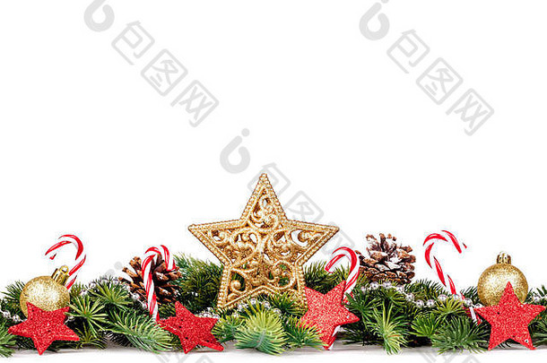 圣诞边界-树枝上有金球、糖果和装饰物