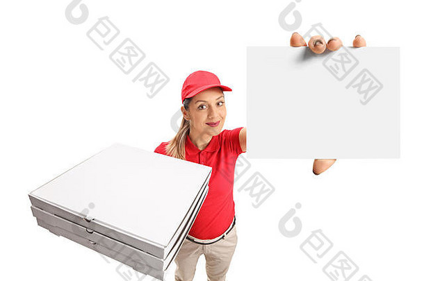 披萨交付女孩显示空白卡孤立的白色背景