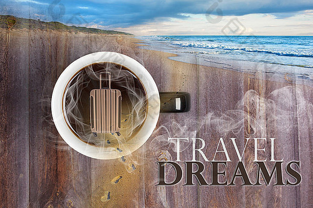 梦想在热咖啡杯上旅行概念-合成图像