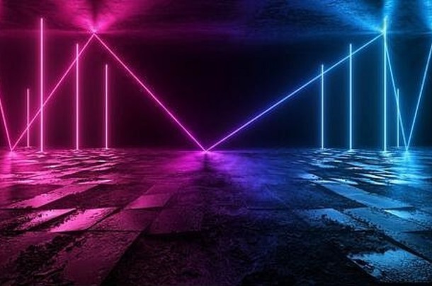 宇宙sci未来主义的紫色的蓝色的霓虹灯现代激光难看的东西粗糙的水泥平铺的混凝土地板上梁形状的灯充满活力的电网络虚拟