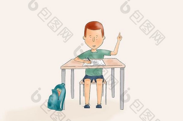 手画插图孩子指出学校桌子上回来学校