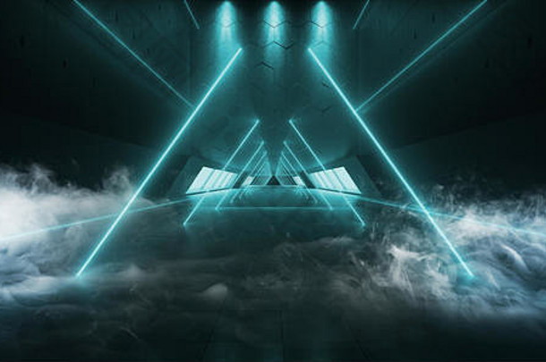 烟雾三角形霓虹灯发光异形金属结构工作室空旷空间舞蹈赛博朋克复古科幻未来主义混凝土反射蓝色充满活力