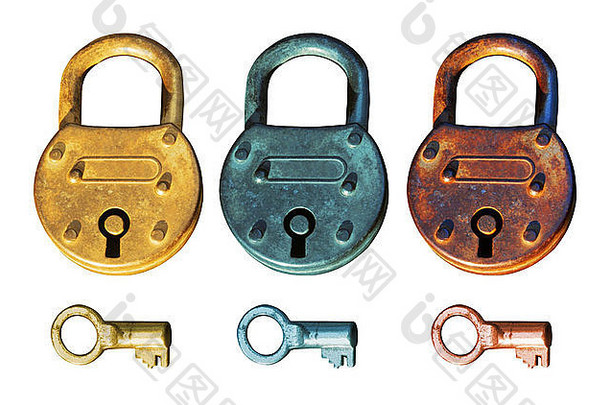 不同粗糙金属表面的仿古挂锁，下面有三把钥匙。白色背景上的孤立元素。