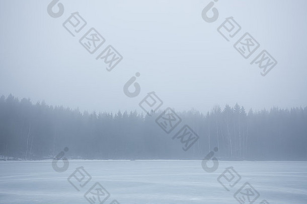 浓雾笼罩着冰冻的湖景