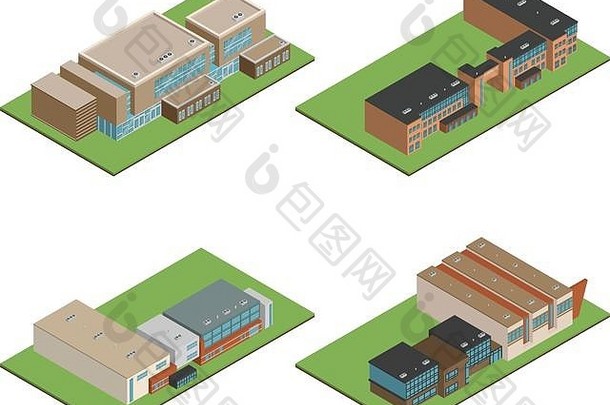 一套3D现代办公或学校建筑和环境，包括树木、栅栏和道路，大学或现代建筑和建筑的等距图，佛罗里达州