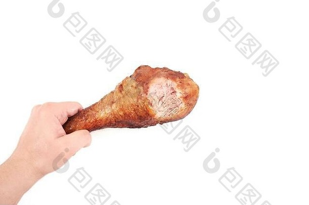 手持烤火<strong>鸡腿</strong>，咬一口，在白色背景上隔离。