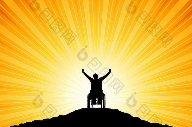 一个坐在轮椅上的男人成功地举起双臂的剪影