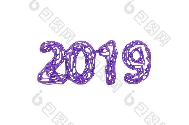 “快乐新年”横幅上印有2019年的数字，由白色背景上隔离的亮闪闪的金属丝塑料粉色外壳制成。抽象三维插图