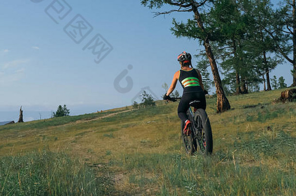 胖自行车也被称为胖自行车或胖轮胎自行车在夏天骑在森林里。